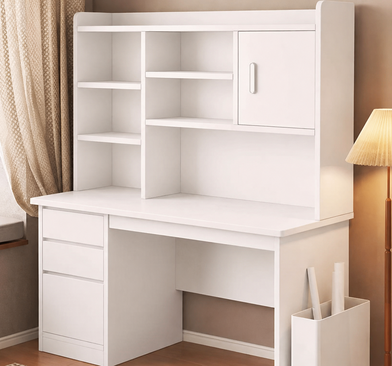 میز تحریر با کتابخانه و دو کشو سفید